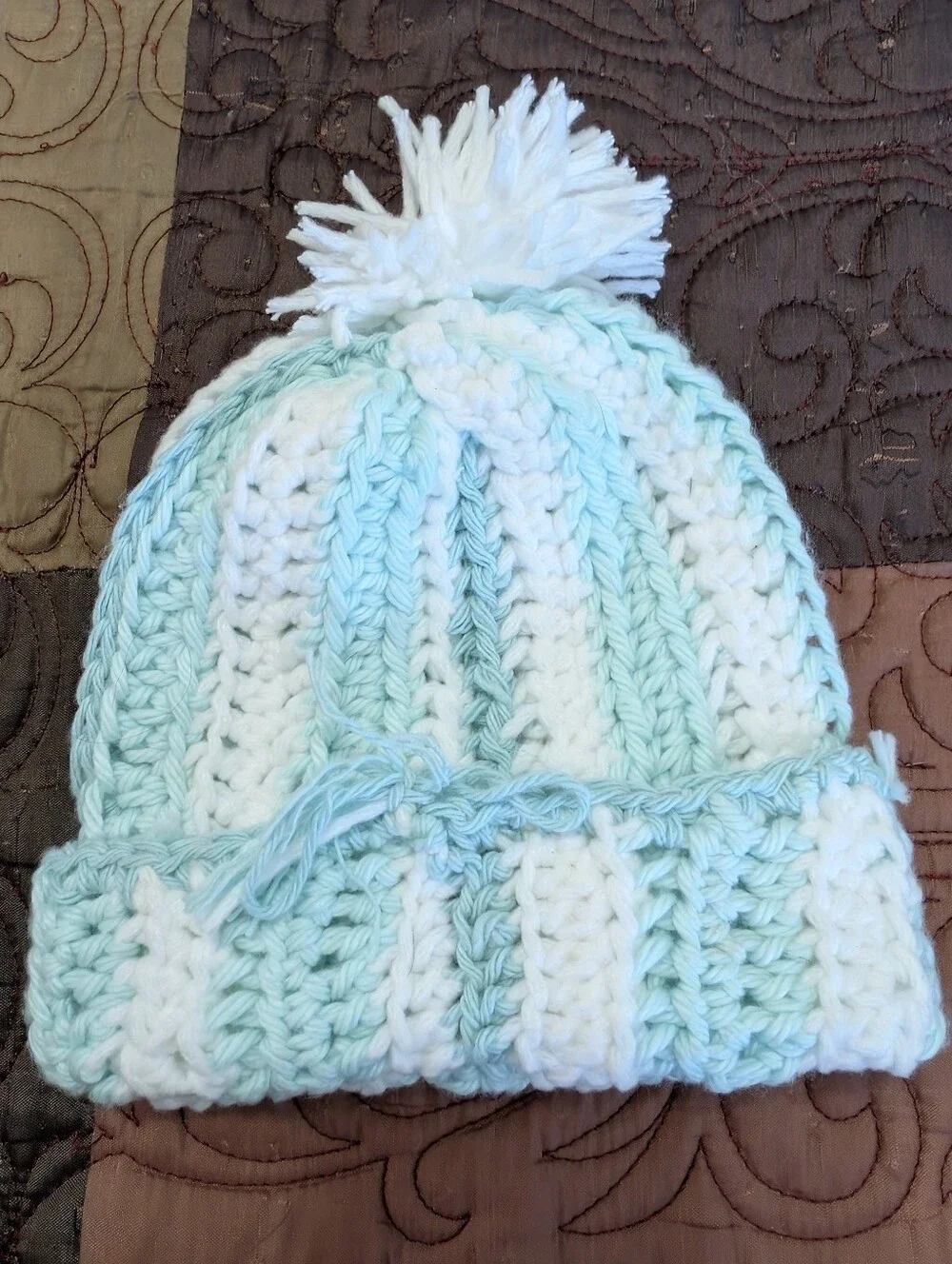 Handmade Kids Pom Beanie - White & Light Mint